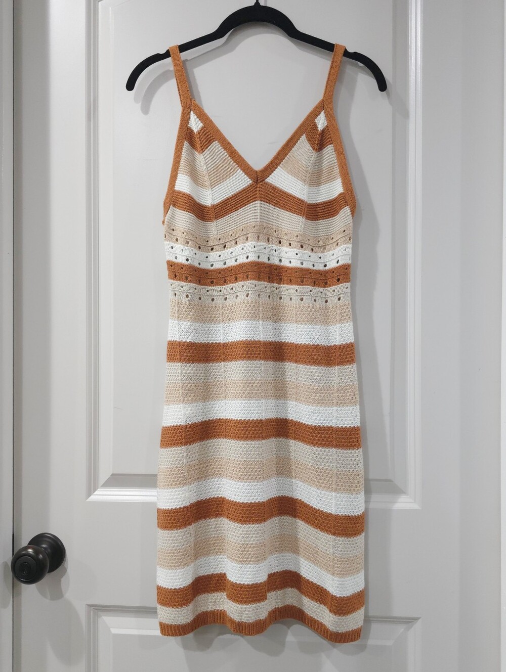 ULTRA FLIRT Boho Crochet Knit Stripe Mini Dress, Vacation, Festival, Cream Brown - Picture 2 of 10